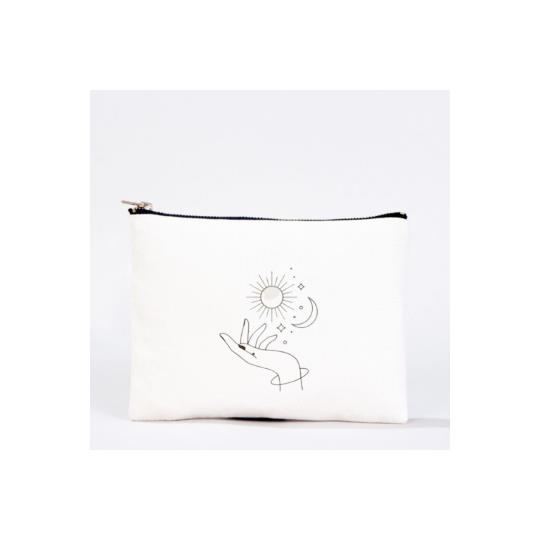 Bez Çanta Güneş Ay El Boyaması Clutch Portföy Makyaj Çantası Kalemlik Bej, 15x21cm, Kcnt0005