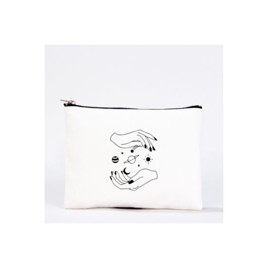 Bez Çanta Güneş Sistemi El Boyaması Clutch Portföy Makyaj Çantası Kalemlik Bej, 15x21cm, Kcnt0010