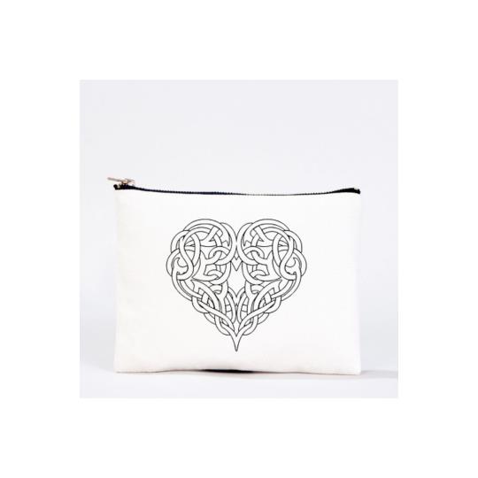 Bez Çanta Kalp El Boyaması Clutch Portföy Makyaj Çantası Kalemlik Bej, 15x21cm, Kcnt0008