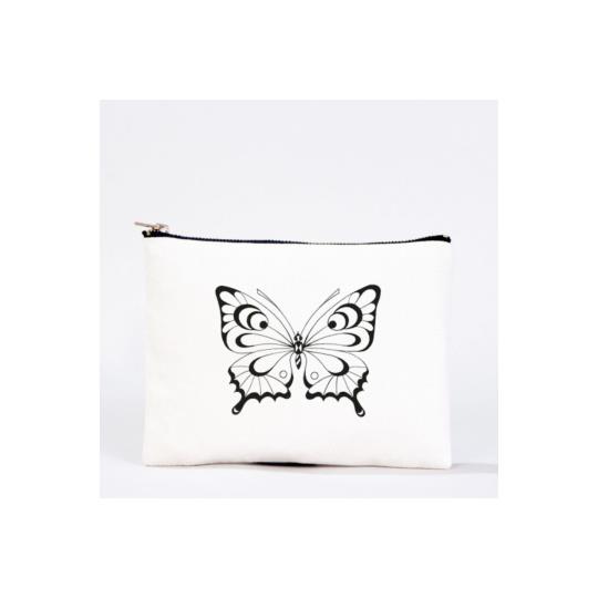 Bez Çanta Kelebek El Boyaması Clutch Portföy Makyaj Çantası Kalemlik Bej, 15x21cm, Kcnt0015