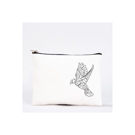 Bez Çanta Kuş El Boyaması Clutch Portföy Makyaj Çantası Kalemlik Bej, 15x21cm, Kcnt0039